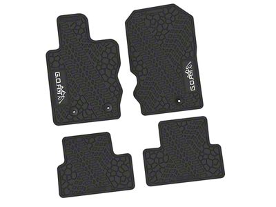 Factory Floorpan Fit Tire Tread/Scorched Earth Scene Front and Rear Floor Mats with White GOAT/Mountain Insert; Black (21-25 Bronco 2-Door)