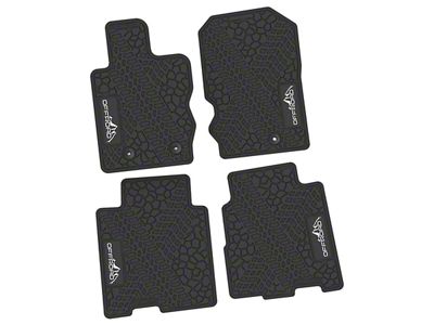 Factory Floorpan Fit Tire Tread/Scorched Earth Scene Front and Rear Floor Mats with White Offroad Insert; Black (21-25 Bronco 4-Door)