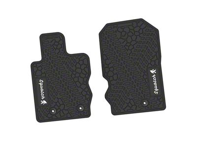 Factory Floorpan Fit Tire Tread/Scorched Earth Scene Front Floor Mats with White Squatch Insert; Black (21-25 Bronco)
