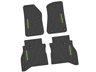 Factory Floorpan Fit Tire Tread/Scorched Earth Scene Front and Rear Floor Mats with Lime Mojave Insert; Black (20-25 Jeep Gladiator JT)