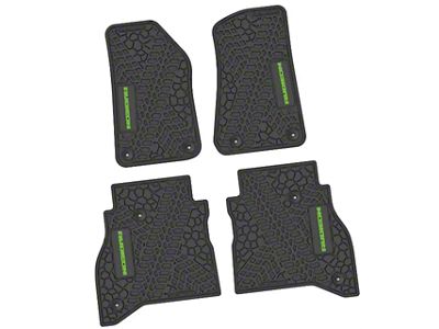 Factory Floorpan Fit Tire Tread/Scorched Earth Scene Front and Rear Floor Mats with Lime Rubicon Insert; Black (20-25 Jeep Gladiator JT)