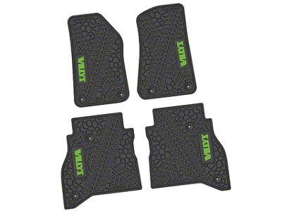 Factory Floorpan Fit Tire Tread/Scorched Earth Scene Front and Rear Floor Mats with Lime Willys Insert; Black (20-25 Jeep Gladiator JT)