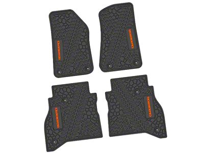Factory Floorpan Fit Tire Tread/Scorched Earth Scene Front and Rear Floor Mats with Orange Gladiator Insert; Black (20-25 Jeep Gladiator JT)