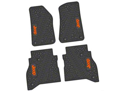 Factory Floorpan Fit Tire Tread/Scorched Earth Scene Front and Rear Floor Mats with Orange JEEP Insert; Black (20-25 Jeep Gladiator JT)