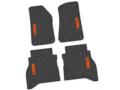 Factory Floorpan Fit Tire Tread/Scorched Earth Scene Front and Rear Floor Mats with Orange Willys Insert; Black (20-25 Jeep Gladiator JT)