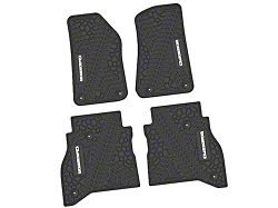 Factory Floorpan Fit Tire Tread/Scorched Earth Scene Front and Rear Floor Mats with White Gladiator Insert; Black (20-26 Jeep Gladiator JT)