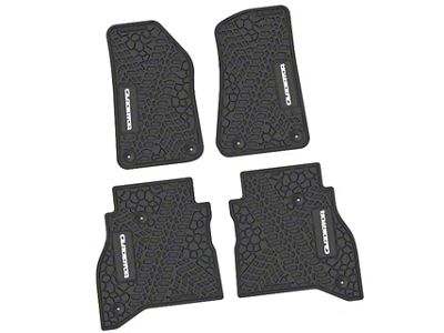Factory Floorpan Fit Tire Tread/Scorched Earth Scene Front and Rear Floor Mats with White Gladiator Insert; Black (20-25 Jeep Gladiator JT)