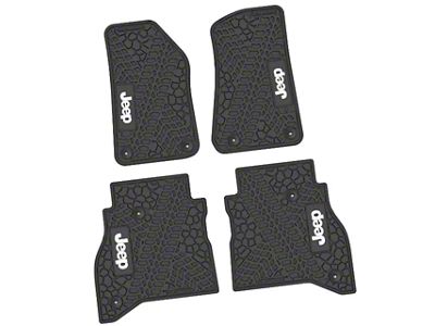Factory Floorpan Fit Tire Tread/Scorched Earth Scene Front and Rear Floor Mats with White JEEP Insert; Black (20-25 Jeep Gladiator JT)