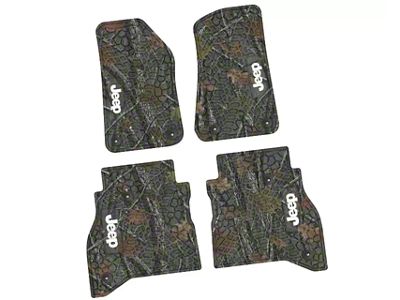 Factory Floorpan Fit Tire Tread/Scorched Earth Scene Front and Rear Floor Mats with White JEEP Insert; Rugged Woods (20-25 Jeep Gladiator JT)