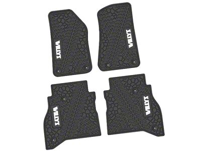 Factory Floorpan Fit Tire Tread/Scorched Earth Scene Front and Rear Floor Mats with White Willys Insert; Black (20-25 Jeep Gladiator JT)
