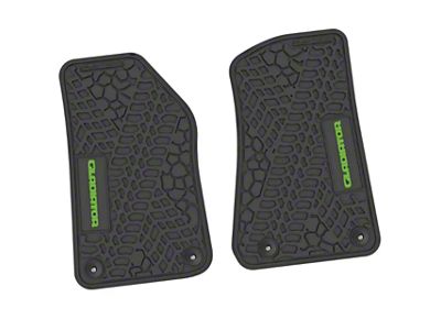 Factory Floorpan Fit Tire Tread/Scorched Earth Scene Front Floor Mats with Lime Gladiator Insert; Black (20-25 Jeep Gladiator JT)