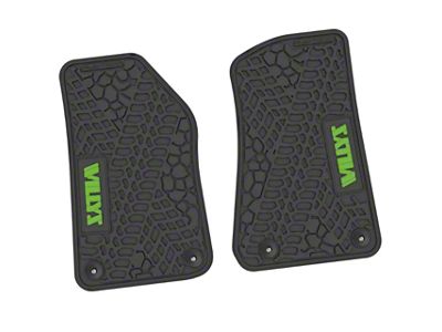 Factory Floorpan Fit Tire Tread/Scorched Earth Scene Front Floor Mats with Lime Willys Insert; Black (20-25 Jeep Gladiator JT)