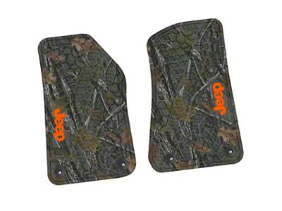 Factory Floorpan Fit Tire Tread/Scorched Earth Scene Front Floor Mats with Orange JEEP Insert; Rugged Woods (20-25 Jeep Gladiator JT)