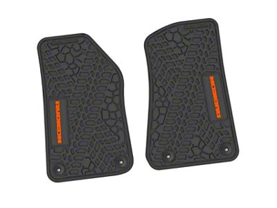 Factory Floorpan Fit Tire Tread/Scorched Earth Scene Front Floor Mats with Orange Rubicon Insert; Black (20-25 Jeep Gladiator JT)
