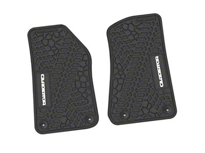 Factory Floorpan Fit Tire Tread/Scorched Earth Scene Front Floor Mats with White Gladiator Insert; Black (20-25 Jeep Gladiator JT)