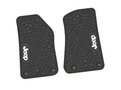 Factory Floorpan Fit Tire Tread/Scorched Earth Scene Front Floor Mats with White JEEP Insert; Black (20-25 Jeep Gladiator JT)