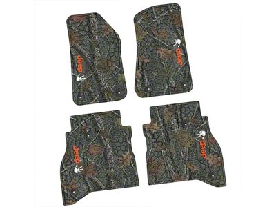 Factory Floorpan Fit Tire Tread/Scorched Earth Scene Front and Rear Floor Mats with Orange and White JEEP Wave Insert; Rugged Woods (20-25 Jeep Gladiator JT)