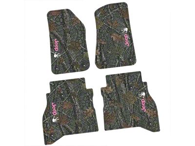 Factory Floorpan Fit Tire Tread/Scorched Earth Scene Front and Rear Floor Mats with Pink and White JEEP Wave Insert; Rugged Woods (20-25 Jeep Gladiator JT)