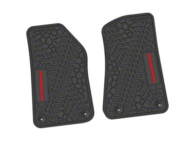 Factory Floorpan Fit Tire Tread/Scorched Earth Scene Front Floor Mats with Red Rubicon Insert; Black (20-25 Jeep Gladiator JT)