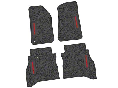 Factory Floorpan Fit Tire Tread/Scorched Earth Scene Front and Rear Floor Mats with Red Rubicon Insert; Black (20-25 Jeep Gladiator JT)