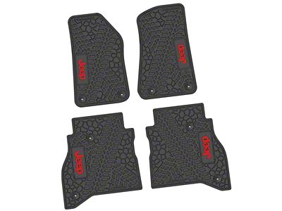 Factory Floorpan Fit Tire Tread/Scorched Earth Scene Front and Rear Floor Mats with Red JEEP Insert; Black (20-25 Jeep Gladiator JT)