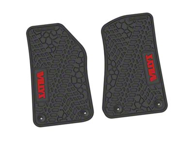 Factory Floorpan Fit Tire Tread/Scorched Earth Scene Front Floor Mats with Red Willys Insert; Black (20-25 Jeep Gladiator JT)
