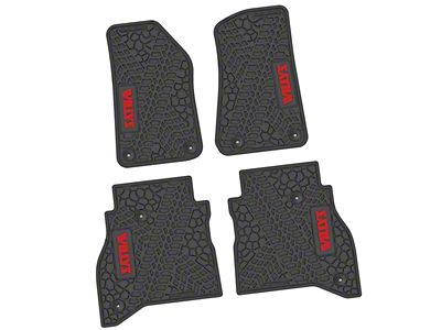 Factory Floorpan Fit Tire Tread/Scorched Earth Scene Front and Rear Floor Mats with Red Willys Insert; Black (20-25 Jeep Gladiator JT)