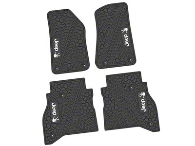Factory Floorpan Fit Tire Tread/Scorched Earth Scene Front and Rear Floor Mats with White JEEP Wave Insert; Black (20-25 Jeep Gladiator JT)