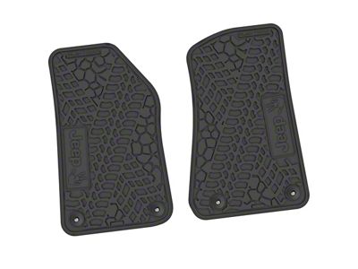 Factory Floorpan Fit Tire Tread/Scorched Earth Scene Front Floor Mats with JEEP Wave Insert; Black (20-25 Jeep Gladiator JT)