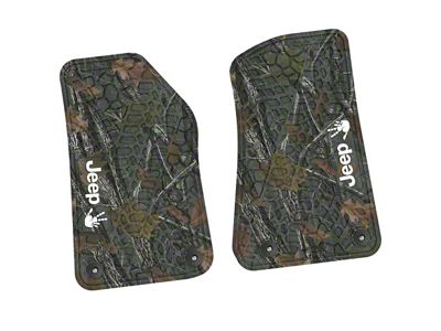 Factory Floorpan Fit Tire Tread/Scorched Earth Scene Front Floor Mats with White JEEP Wave Insert; Rugged Woods (20-25 Jeep Gladiator JT)