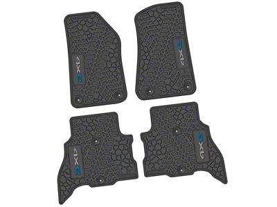 Factory Floorpan Fit Tire Tread/Scorched Earth Scene Front and Rear Floor Mats with 4xe Insert; Black/Silver/Dark Blue (21-25 Jeep Wrangler JL 4xe)