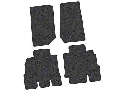 Factory Floorpan Fit Tire Tread/Scorched Earth Scene Front and Rear Floor Mats with JEEP Insert; Black (07-13 Jeep Wrangler JK 4-Door)