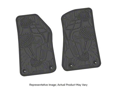 Factory Floorpan Fit Tire Tread/Scorched Crawler Scene Front Floor Mats; Black (14-18 Jeep Wrangler JK 2-Door)