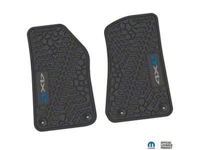 Factory Floorpan Fit Tire Tread/Scorched Earth Scene Front Floor Mats with 4xe Insert; Black/Silver/Dark Blue (18-25 Jeep Wrangler JL 2-Door)