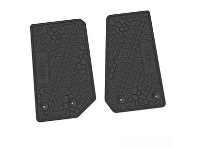 Factory Floorpan Fit Tire Tread/Scorched Earth Scene Front Floor Mats with JEEP Insert; Black (14-18 Jeep Wrangler JK 2-Door)