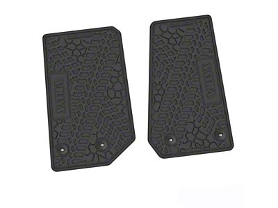 Factory Floorpan Fit Tire Tread/Scorched Earth Scene Front Floor Mats with Willy's Insert; Black (14-18 Jeep Wrangler JK 2-Door)