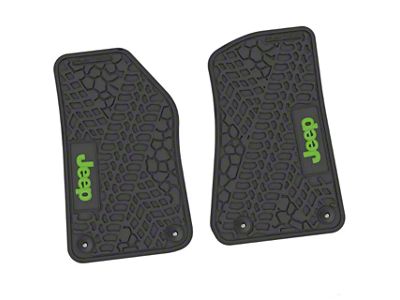 Factory Floorpan Fit Tire Tread/Scorched Earth Scene Front Floor Mats with Lime JEEP Insert; Black (18-25 Jeep Wrangler JL 2-Door)