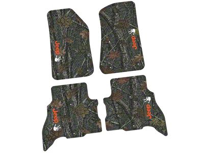 Factory Floorpan Fit Tire Tread/Scorched Earth Scene Front and Rear Floor Mats with Orange and White JEEP Wave Insert; Rugged Woods (21-25 Jeep Wrangler JL 4xe)