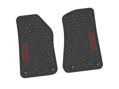 Factory Floorpan Fit Tire Tread/Scorched Earth Scene Front Floor Mats with Red 4xe Insert; Black (18-25 Jeep Wrangler JL 2-Door)