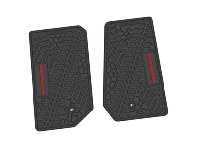 Factory Floorpan Fit Tire Tread/Scorched Earth Scene Front Floor Mats with Red Wrangler Insert; Black (07-13 Jeep Wrangler JK 2-Door)
