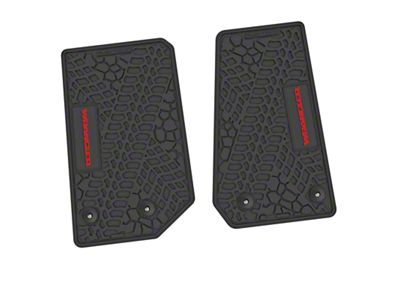 Factory Floorpan Fit Tire Tread/Scorched Earth Scene Front Floor Mats with Red Wrangler Insert; Black (14-18 Jeep Wrangler JK 2-Door)