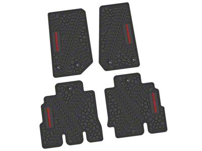 Factory Floorpan Fit Tire Tread/Scorched Earth Scene Front and Rear Floor Mats with Red Wrangler Insert; Black (14-18 Jeep Wrangler JK 4-Door)