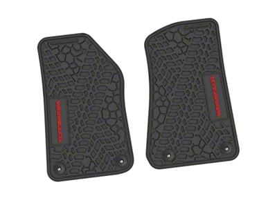 Factory Floorpan Fit Tire Tread/Scorched Earth Scene Front Floor Mats with Red Wrangler Insert; Black (18-25 Jeep Wrangler JL 2-Door)