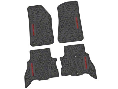 Factory Floorpan Fit Tire Tread/Scorched Earth Scene Front and Rear Floor Mats with Red Wrangler Insert; Black (21-25 Jeep Wrangler JL 4xe)