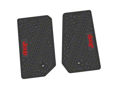 Factory Floorpan Fit Tire Tread/Scorched Earth Scene Front Floor Mats with Red JEEP Insert; Black (07-13 Jeep Wrangler JK 2-Door)