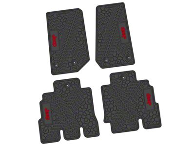 Factory Floorpan Fit Tire Tread/Scorched Earth Scene Front and Rear Floor Mats with Red JEEP Insert; Black (14-18 Jeep Wrangler JK 4-Door)