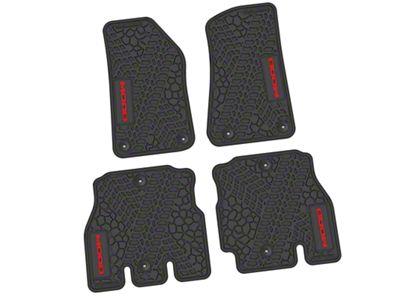 Factory Floorpan Fit Tire Tread/Scorched Earth Scene Front and Rear Floor Mats with Red MOAB Insert; Black (18-25 Jeep Wrangler JL 4-Door, Excluding 4xe)