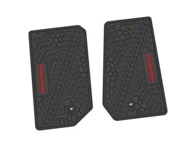 Factory Floorpan Fit Tire Tread/Scorched Earth Scene Front Floor Mats with Red Rubicon Insert; Black (07-13 Jeep Wrangler JK 2-Door)