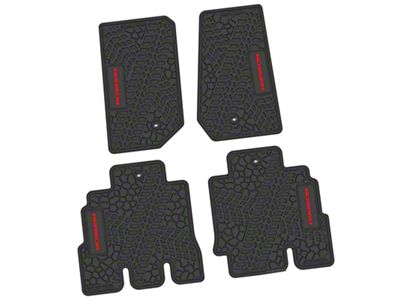 Factory Floorpan Fit Tire Tread/Scorched Earth Scene Front and Rear Floor Mats with Red Rubicon Insert; Black (07-13 Jeep Wrangler JK 4-Door)