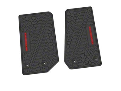 Factory Floorpan Fit Tire Tread/Scorched Earth Scene Front Floor Mats with Red Rubicon Insert; Black (14-18 Jeep Wrangler JK 2-Door)